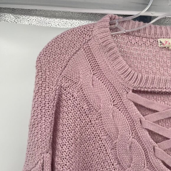It's Our Time Cable Knit Sweater Criss Cross Neck Long Sleeve Pink Size Large - Picture 5 of 9